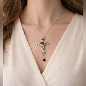 Wire-wrapped gemstone jewelry Multicolor Cross Pendant Necklace vintage VTG